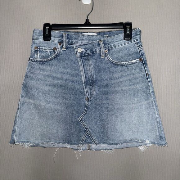 Agolde Denim Skirt 25 Blue Distressed Criss Cross Frayed Hem Organic Cotton - Picture 3 of 11